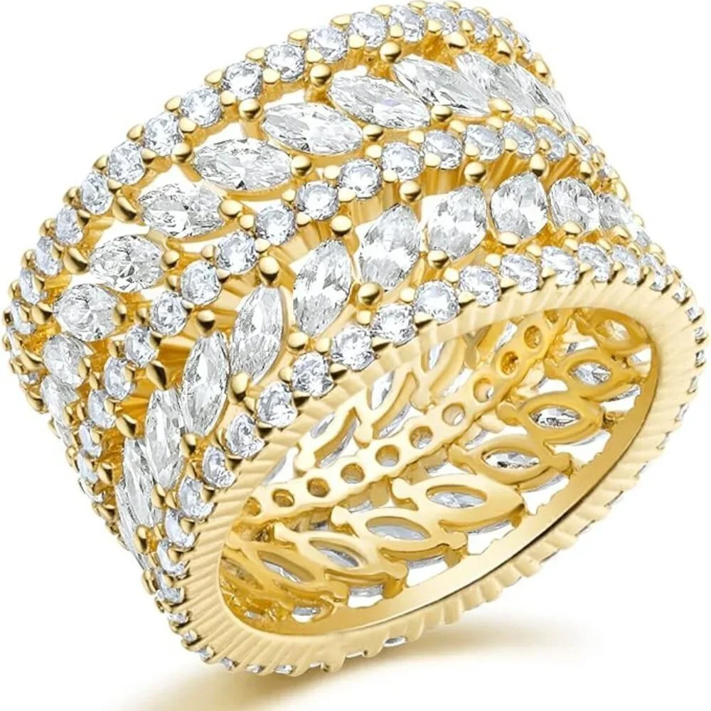 14K Yellow Gold Marquise Eternity Statement Ring Brilliant Sparkly Stacked Wide